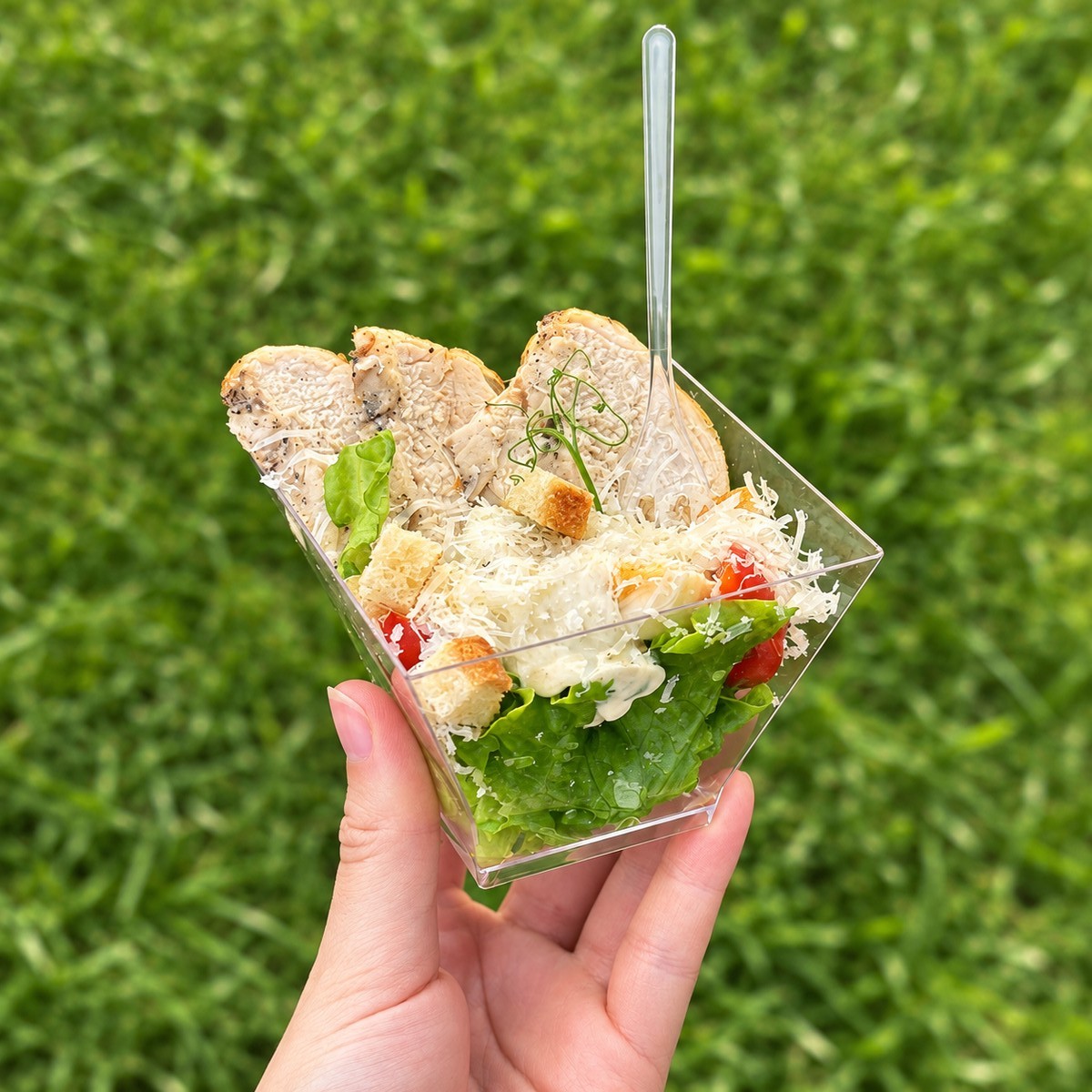 Порционный салат Цезарь с курицей крупным планом